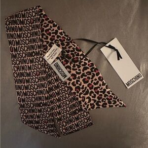 Moschino Black & Pink Leopard Logo Silk Scarf Tie